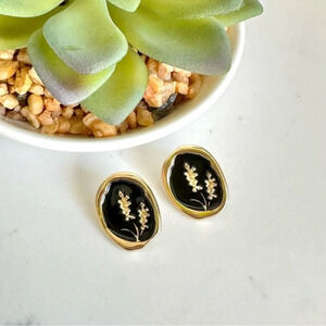 2/$30🌵 Botanical Gold Tone Leaf Wheat Stud Earrings Asymmetric Black Boho NEW